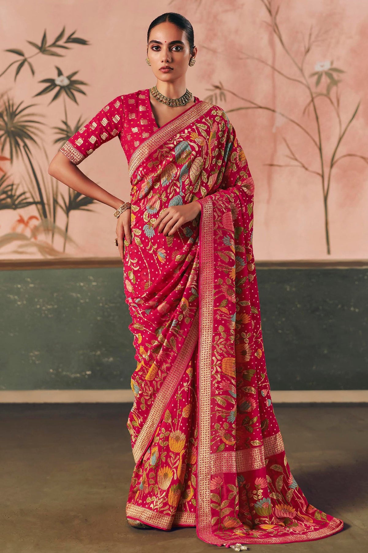 Pink Georgette Traditional Floral Motif Bandhej Saree - pink georgette saree bandhej