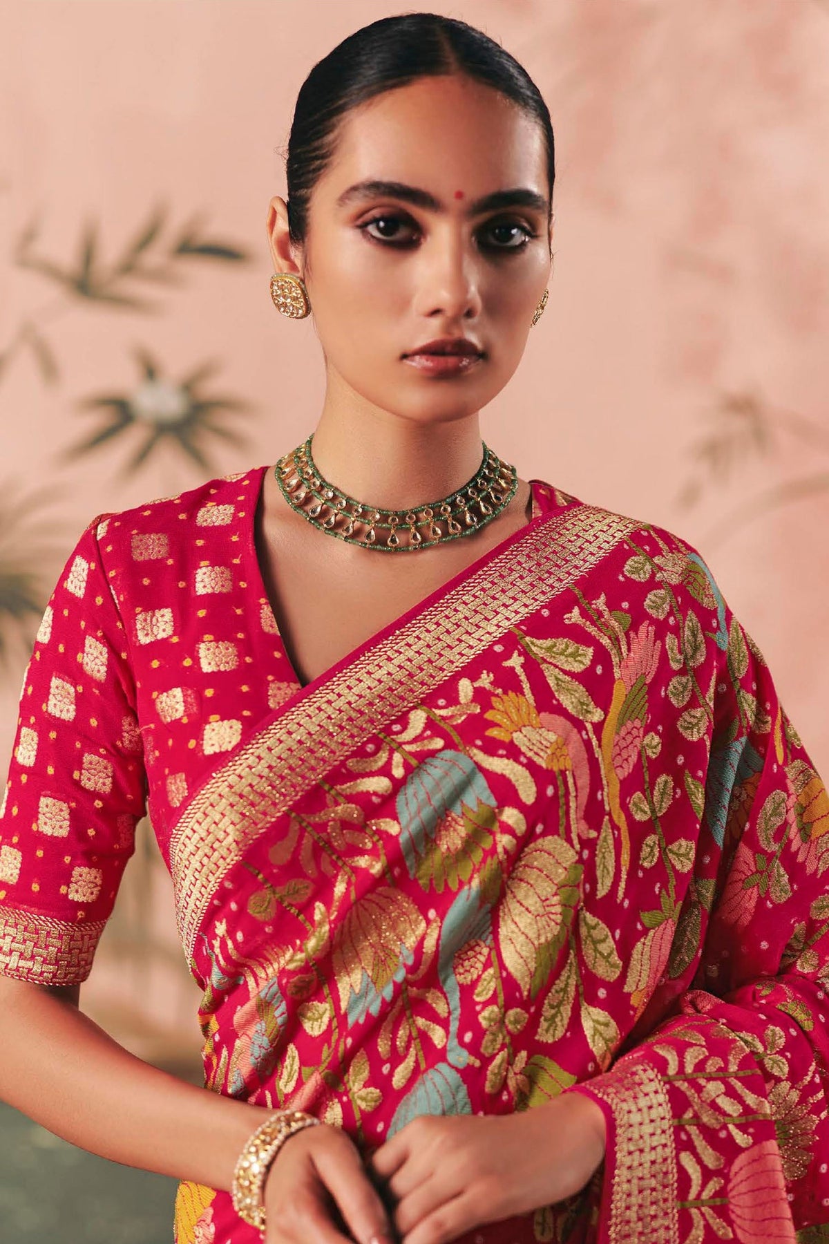 Pink Georgette Traditional Floral Motif Bandhej Saree - pink georgette saree bandhej