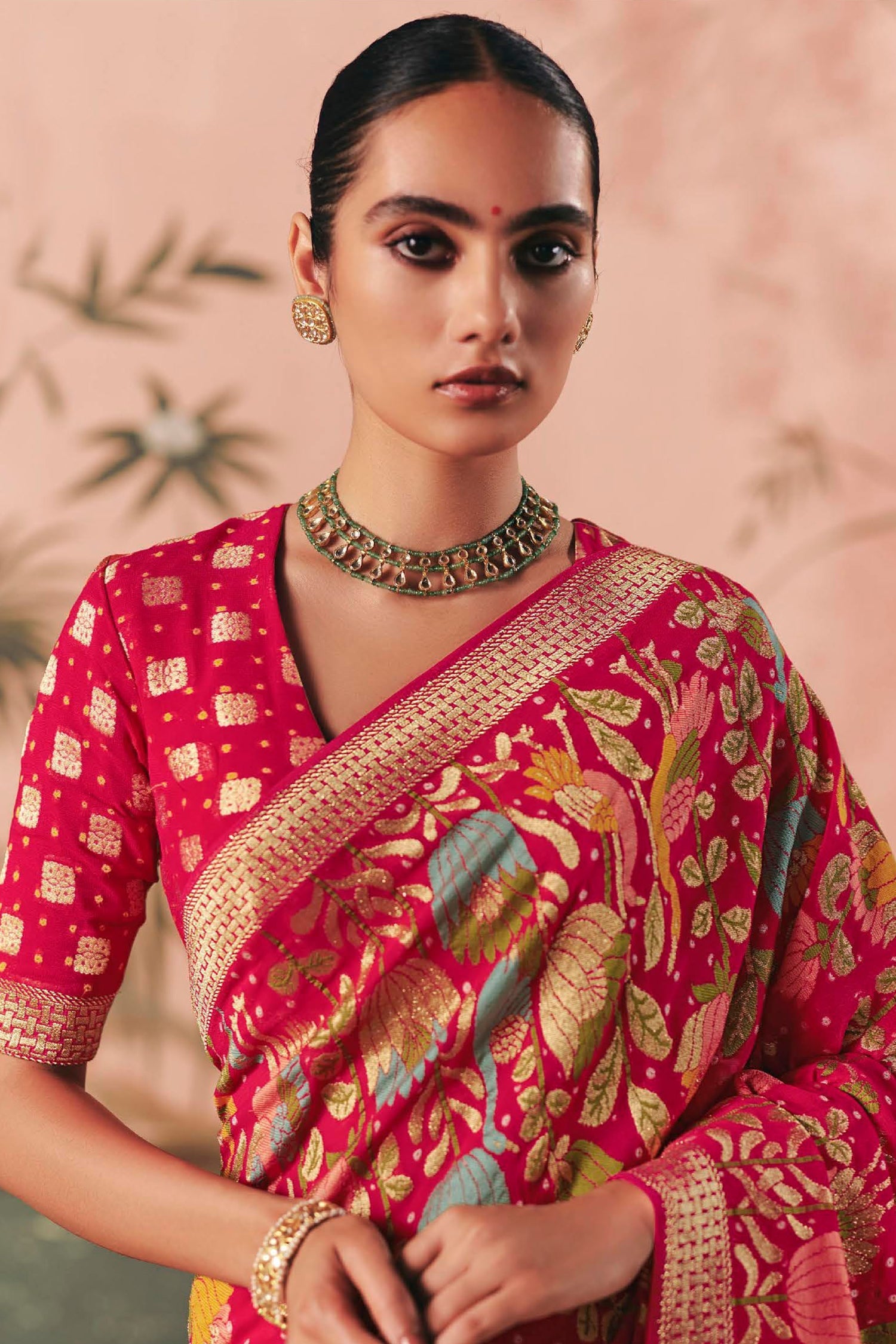 Pink Georgette Traditional Floral Motif Bandhej Saree - pink georgette saree bandhej