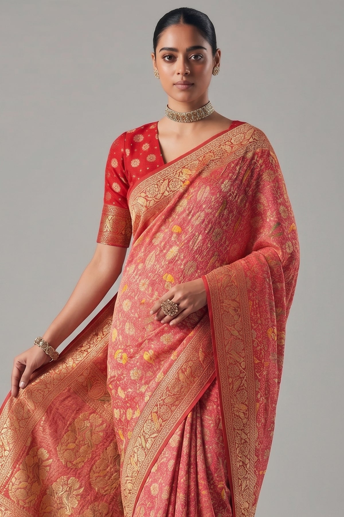Pink and Red Georgette Traditional Bandhej Weaving Saree - red georgette saree bandhej