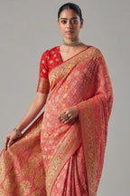 Pink and Red Georgette Traditional Bandhej Weaving Saree - red georgette saree bandhej