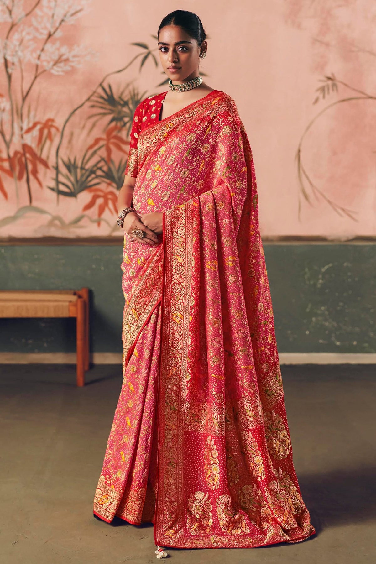 Pink and Red Georgette Traditional Bandhej Weaving Saree - red georgette saree bandhej