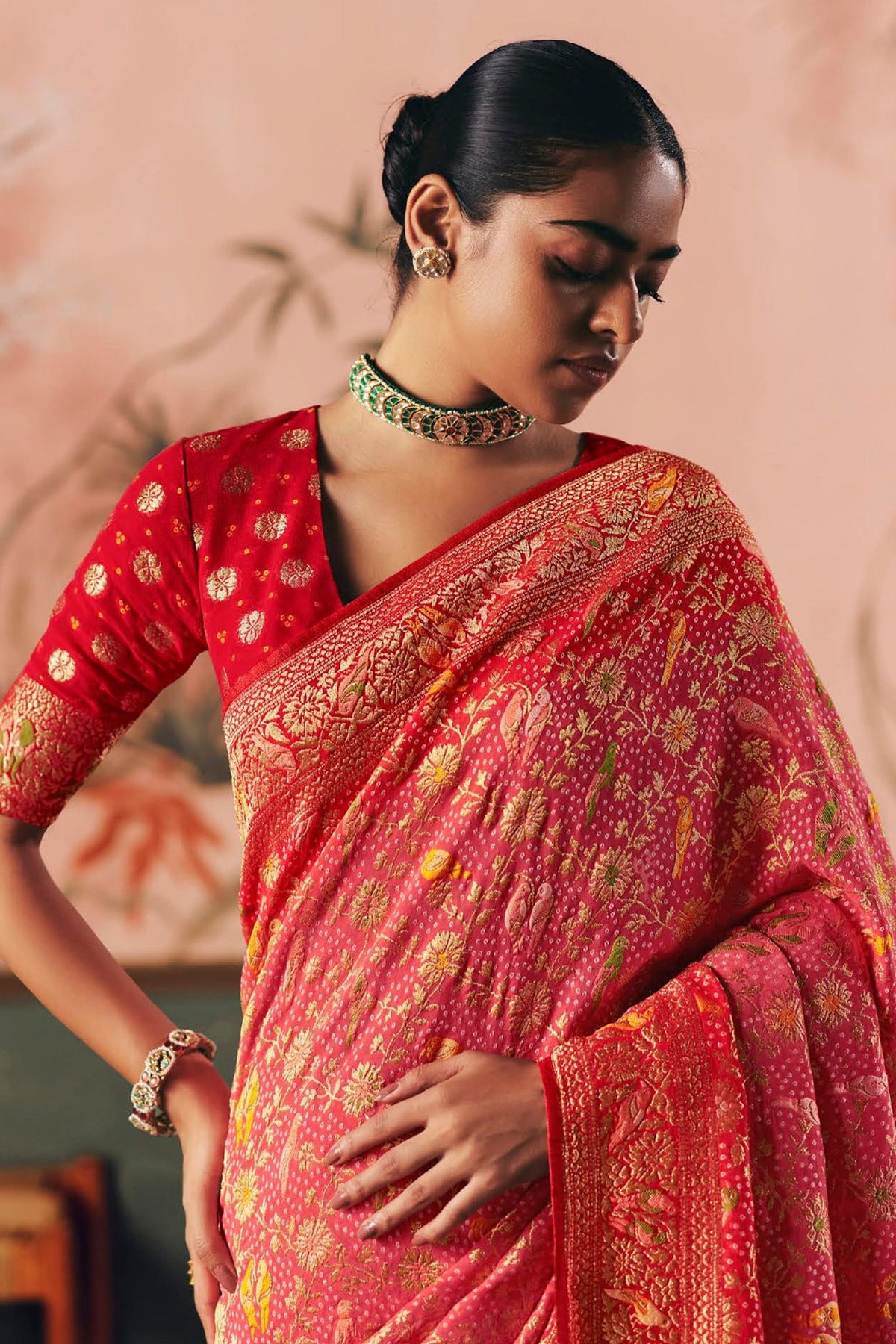 Pink and Red Georgette Traditional Bandhej Weaving Saree - red georgette saree bandhej