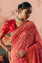 Pink and Red Georgette Traditional Bandhej Weaving Saree - red georgette saree bandhej
