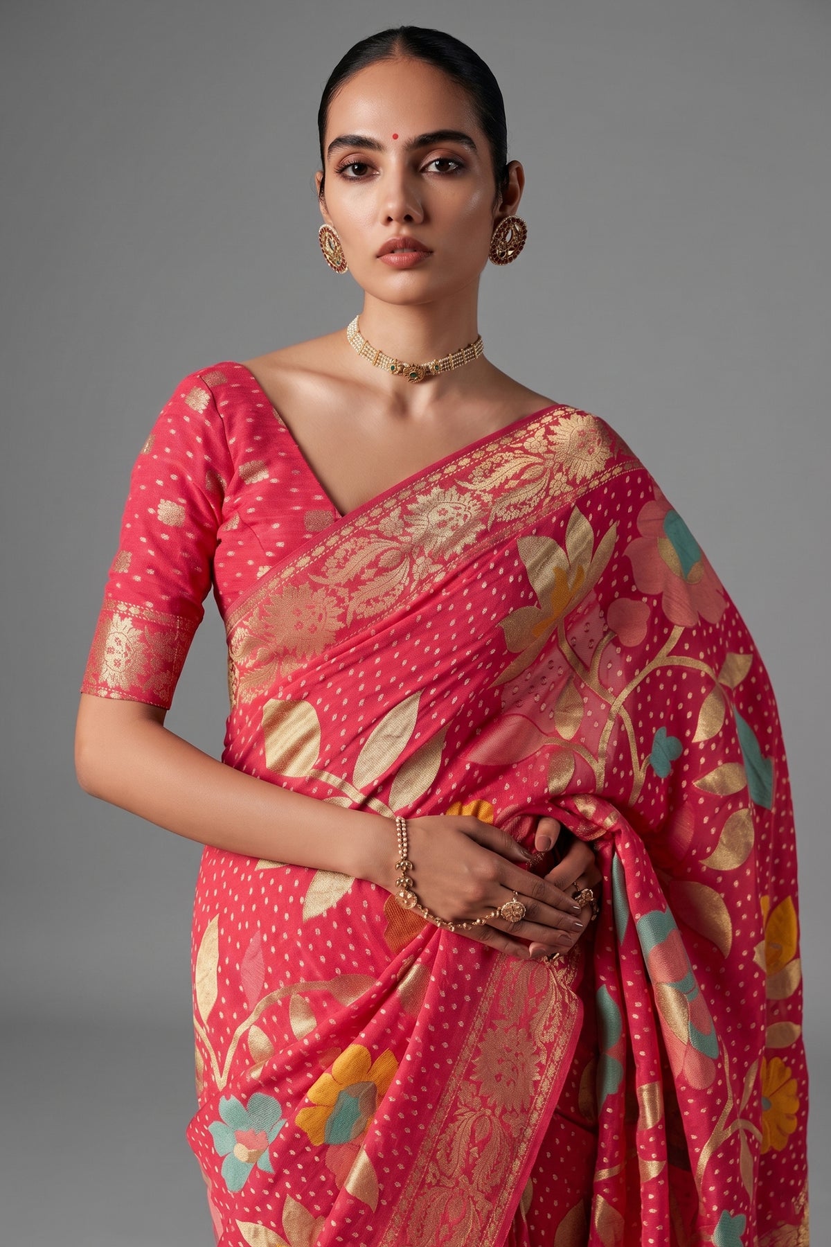 Light Pink Georgette Traditional Bandhej Weaving Saree - pink georgette saree bandhej