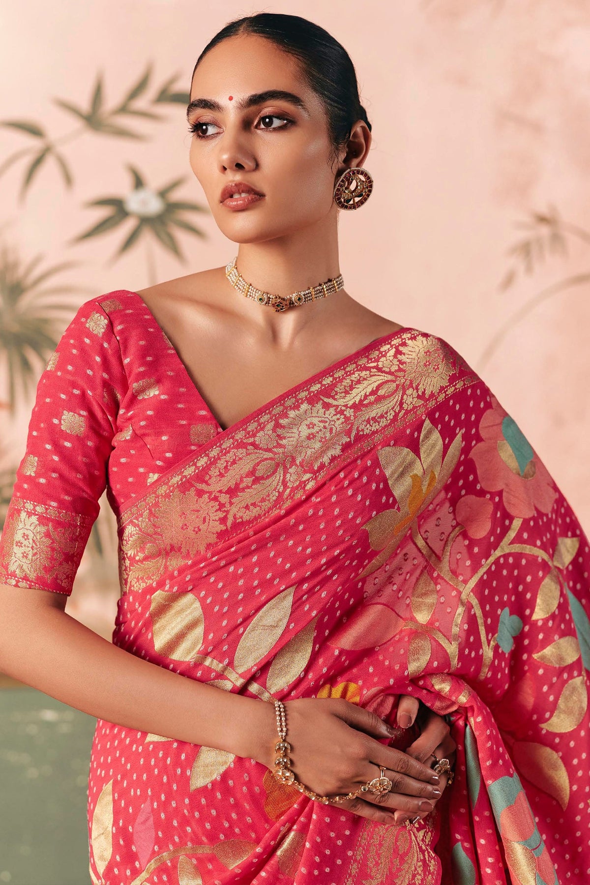 Light Pink Georgette Traditional Bandhej Weaving Saree - pink georgette saree bandhej