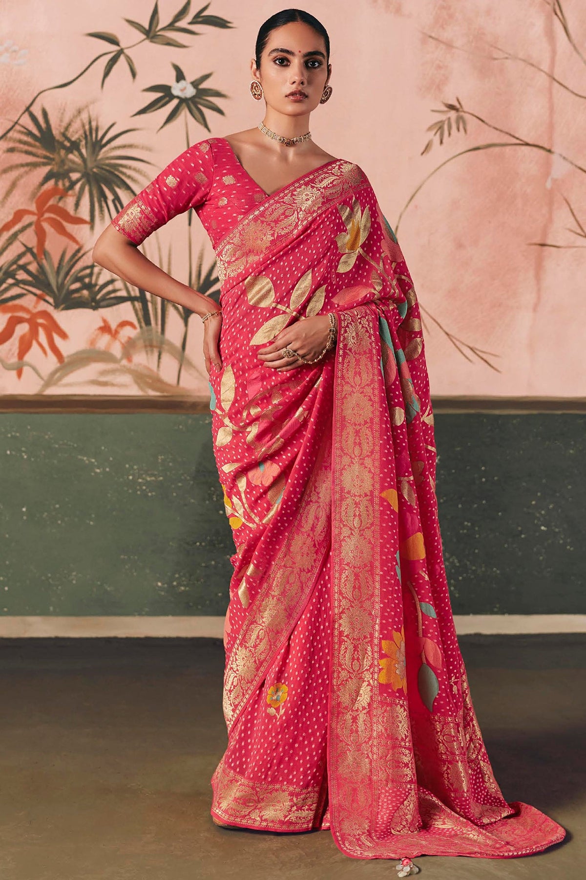 Light Pink Georgette Traditional Bandhej Weaving Saree - pink georgette saree bandhej