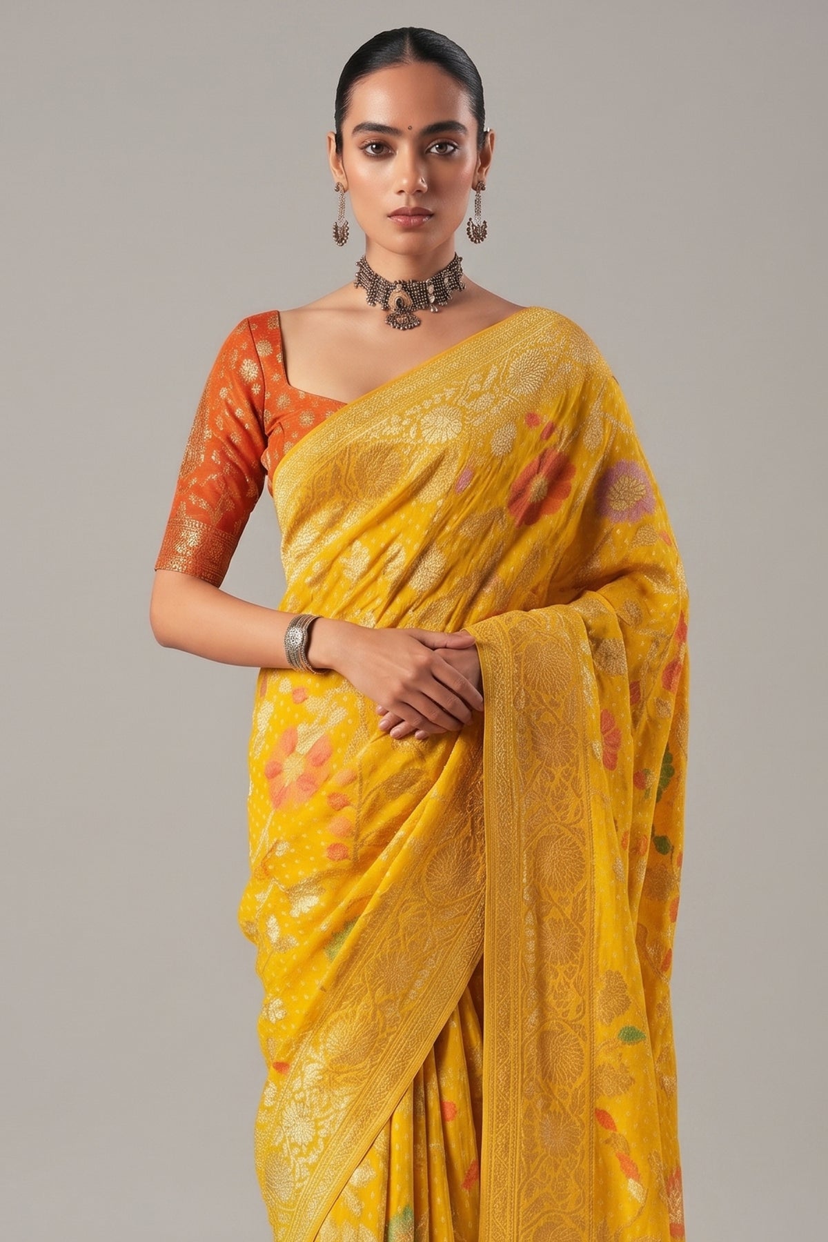 Yellow Georgette Traditional Bandhej Weaving Saree - yellow georgette saree bandhej