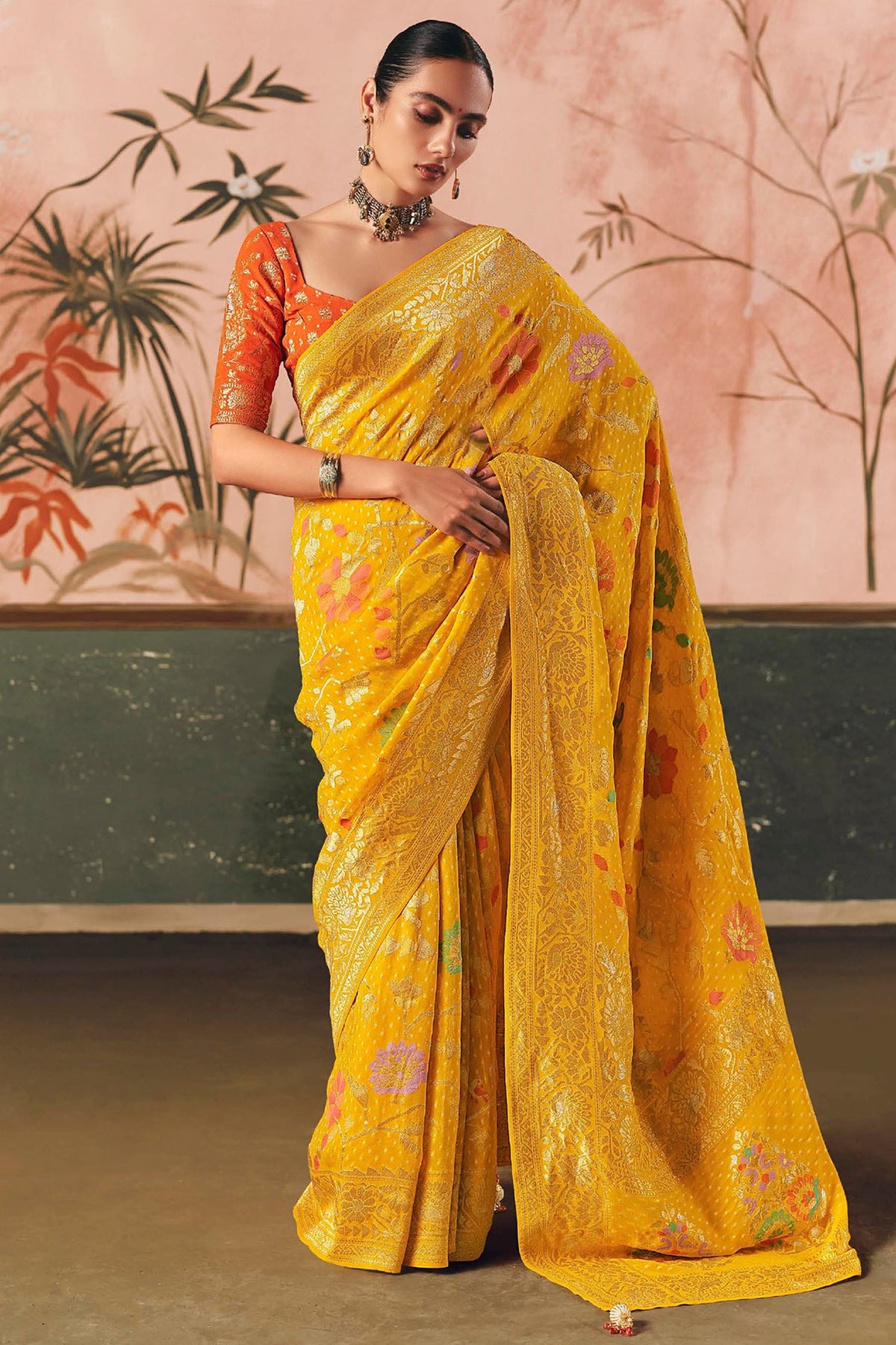Yellow Georgette Traditional Bandhej Weaving Saree - yellow georgette saree bandhej
