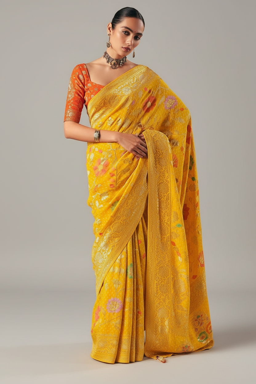 Yellow Georgette Traditional Bandhej Weaving Saree