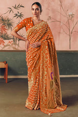 Orange Georgette Traditional Bandhej Weaving Saree
