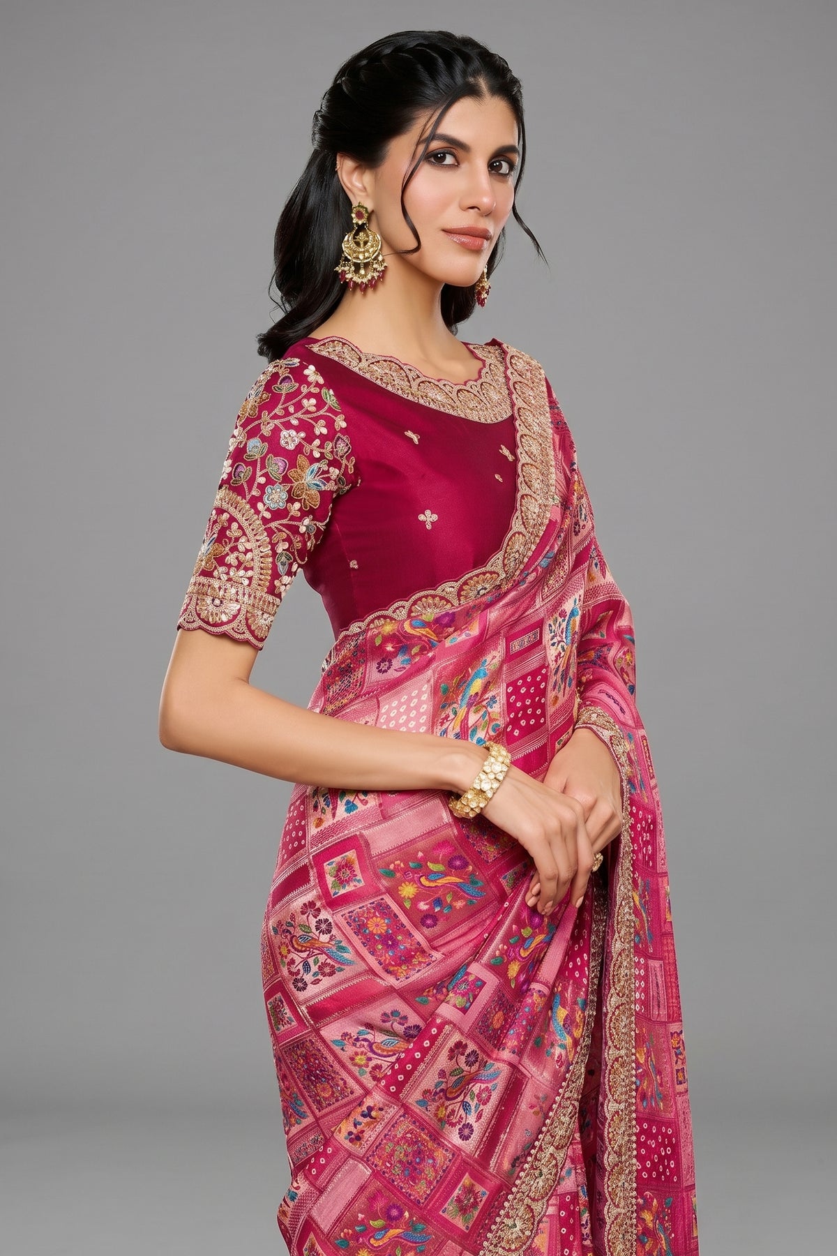 Pink Jacquard Silk Half and Half Saree - pink silk saree