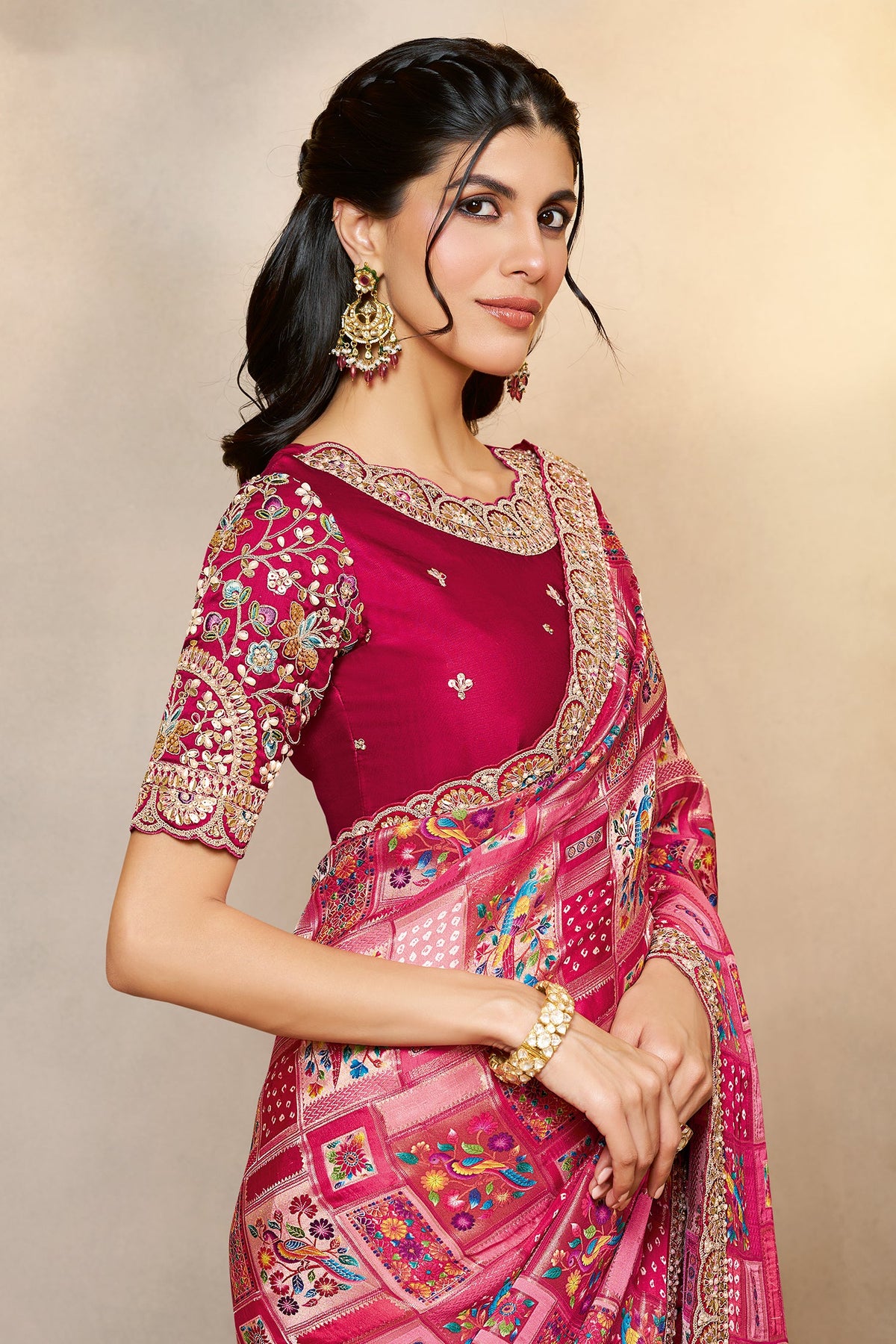 Pink Jacquard Silk Half and Half Saree - pink silk saree