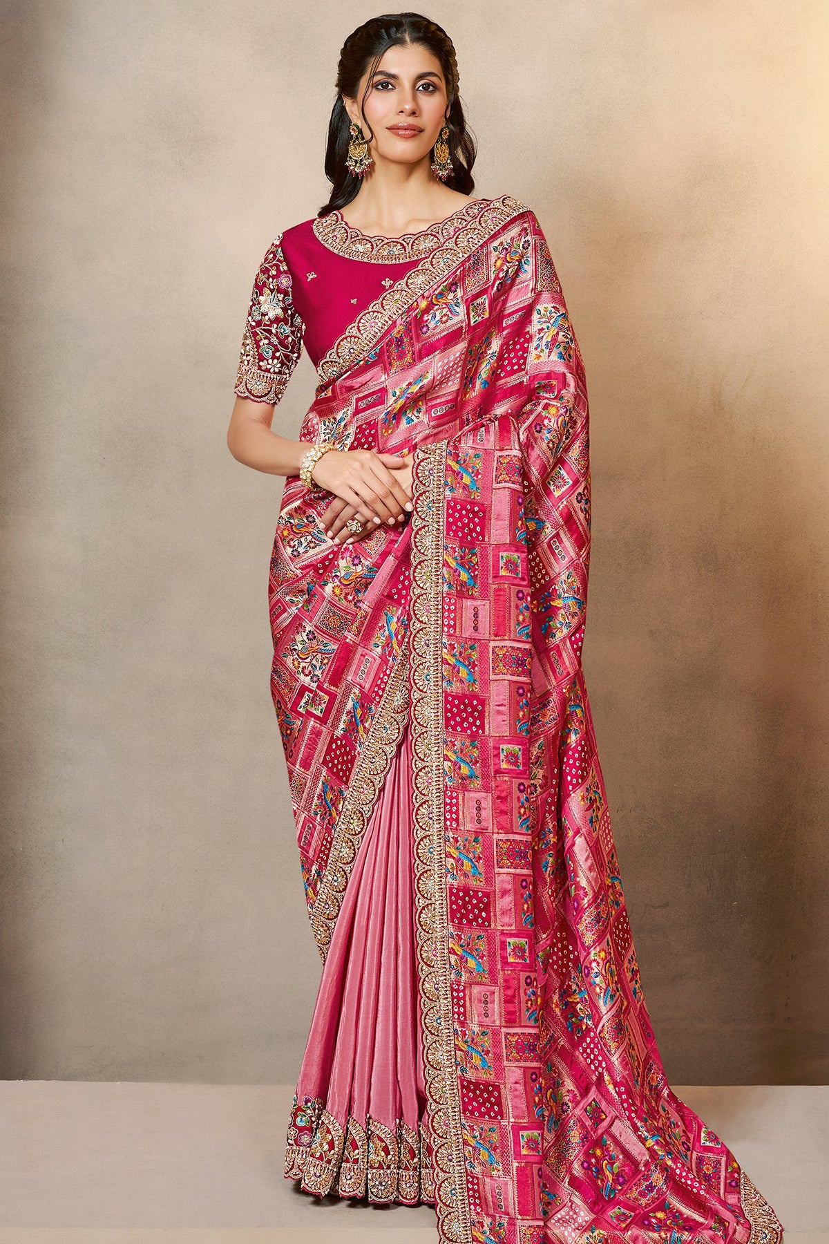 Pink Jacquard Silk Half and Half Saree - pink silk saree