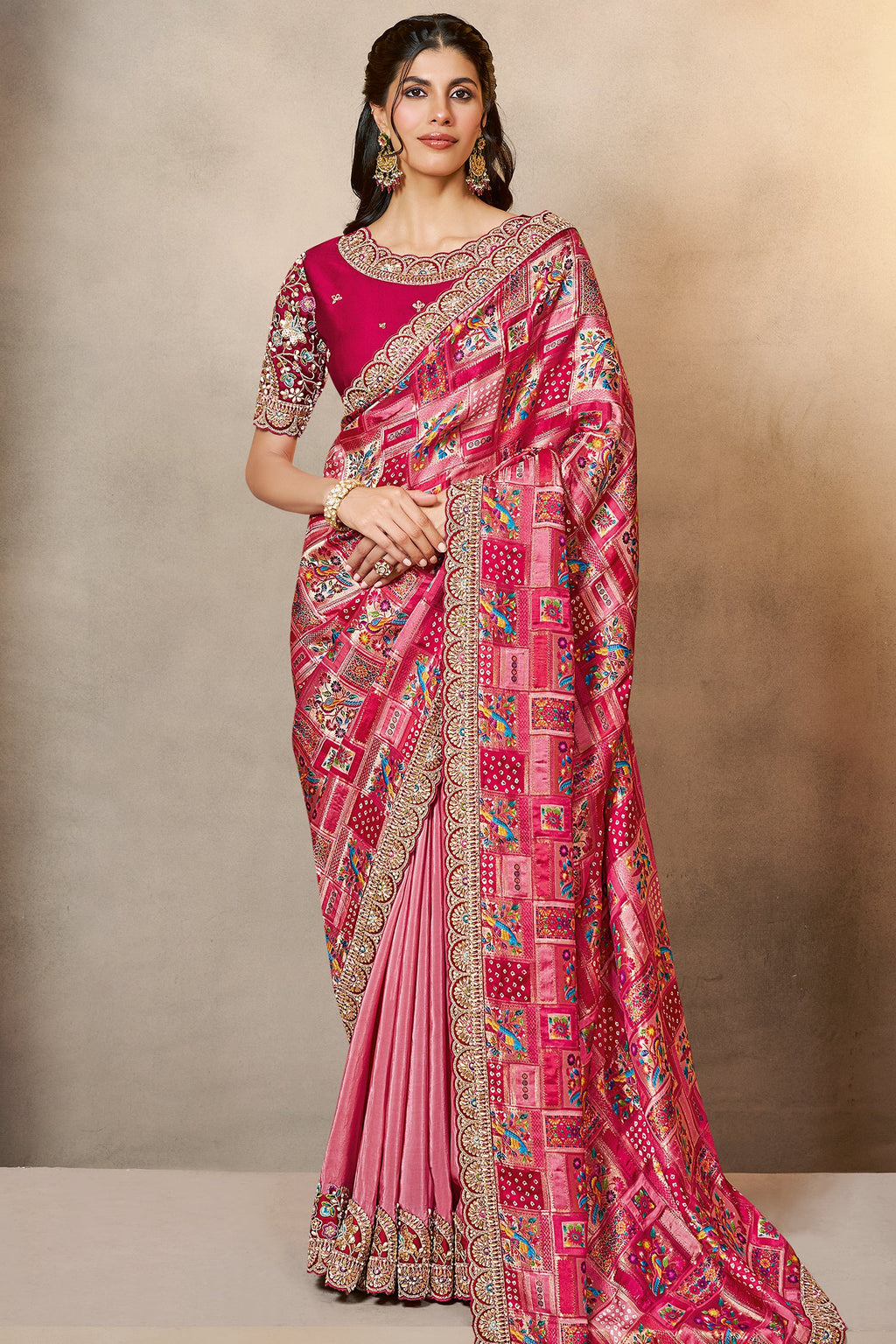 Pink Jacquard Silk Half and Half Saree - pink silk saree