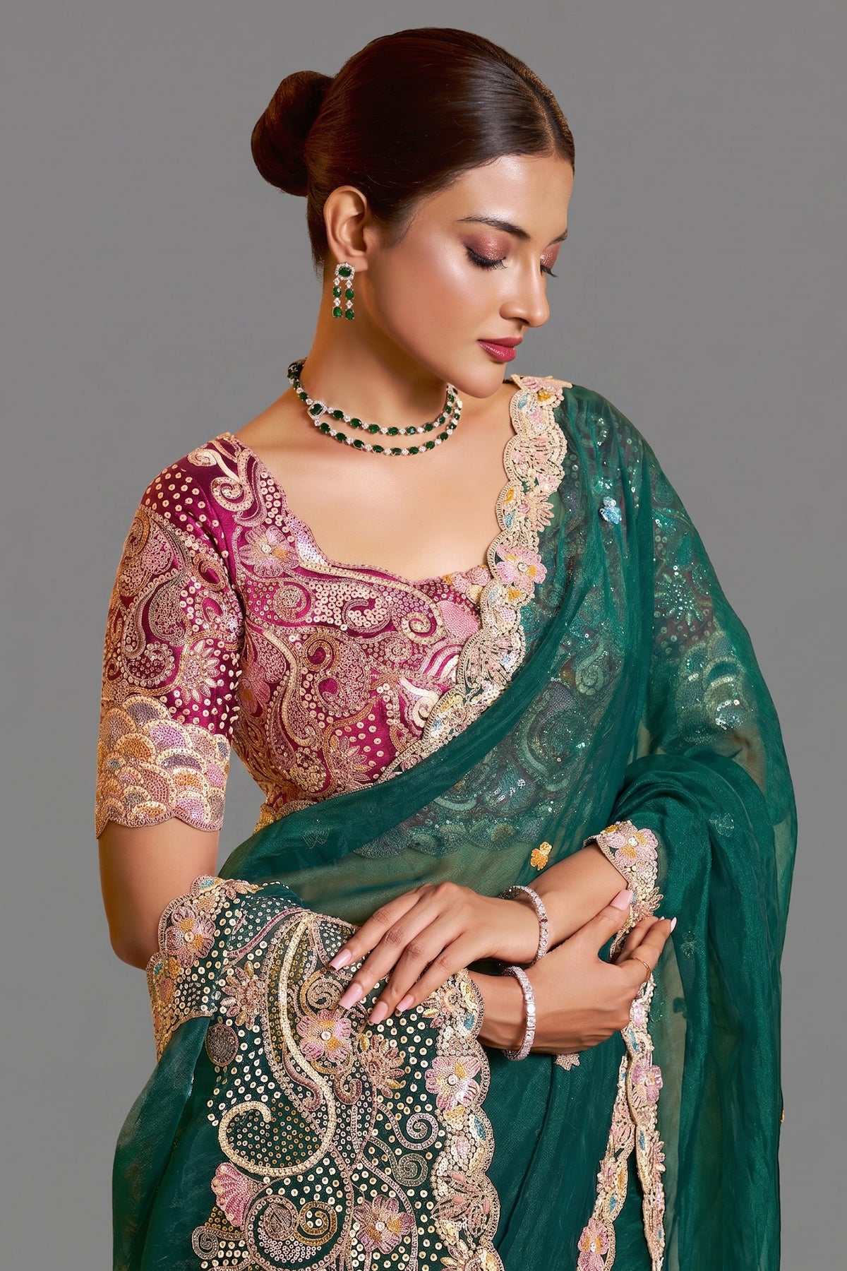 Teal Green Organza Saree with Sequin and Embroidered Border - red organza saree embroidered