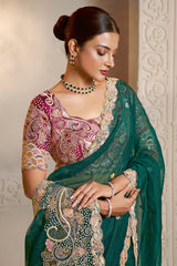 Teal Green Organza Saree with Sequin and Embroidered Border