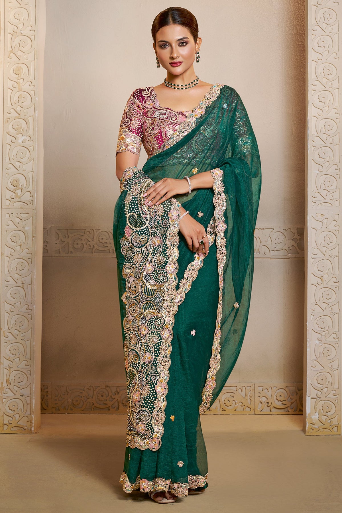 Teal Green Organza Saree with Sequin and Embroidered Border - red organza saree embroidered