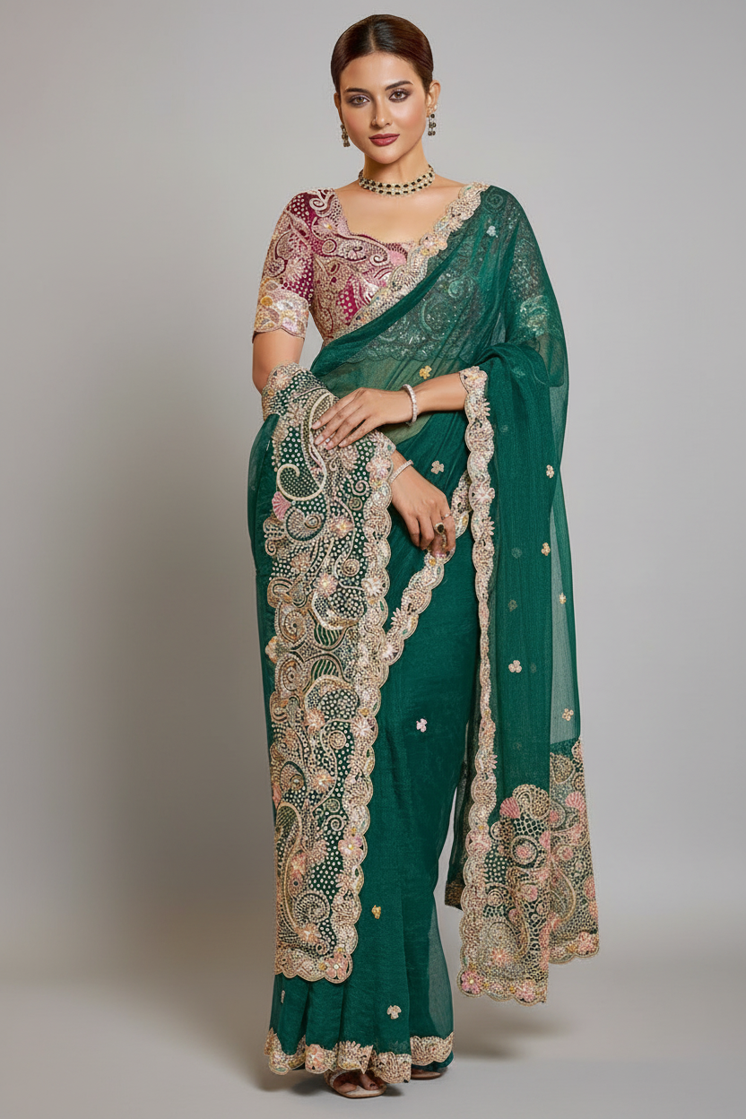 Teal Green Organza Saree with Sequin and Embroidered Border - red organza saree embroidered