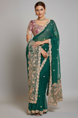Teal Green Organza Saree with Sequin and Embroidered Border