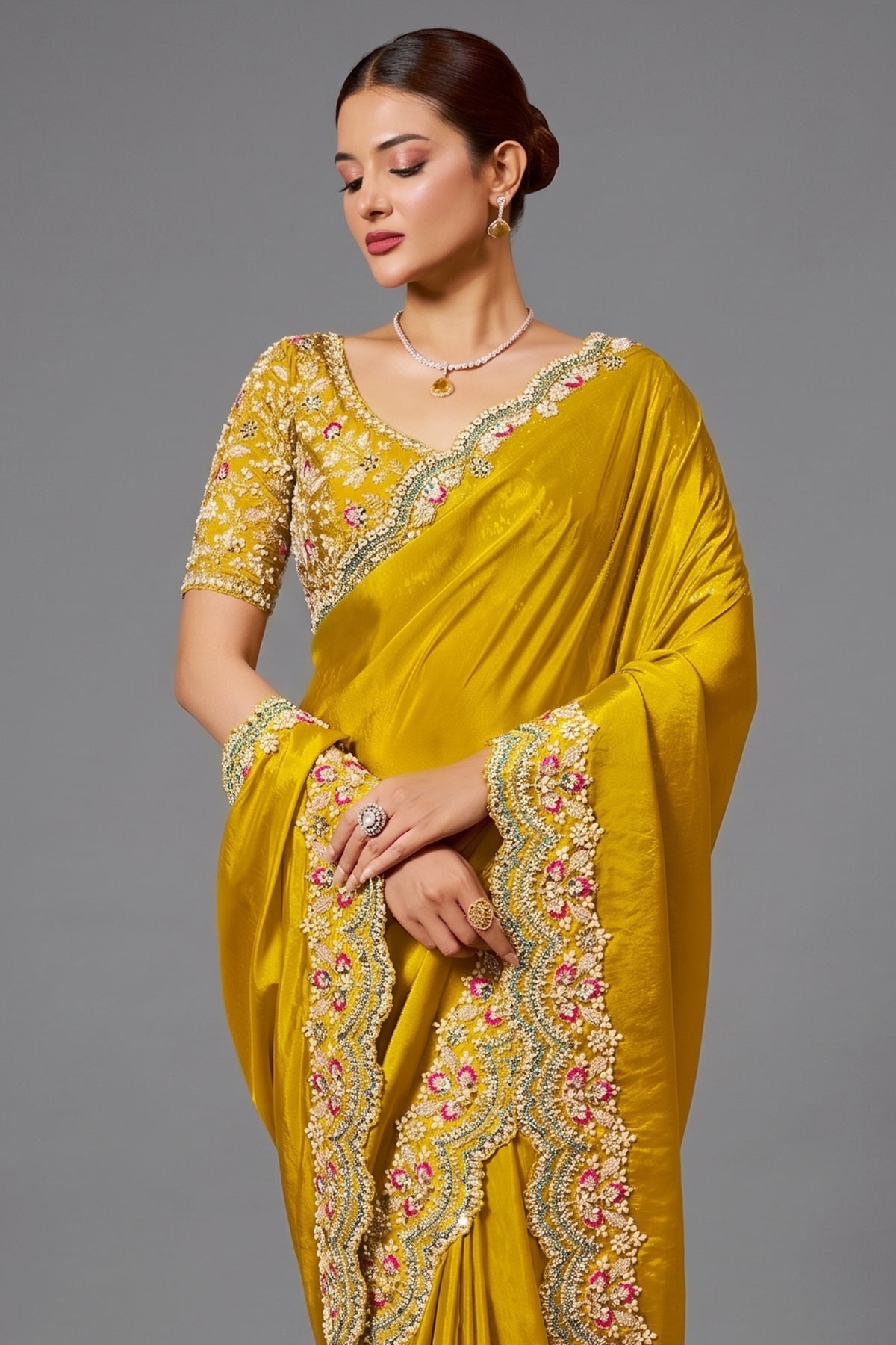 Yellow Satin Silk Saree with Sequin and Embroidered Border - red silk saree embroidered