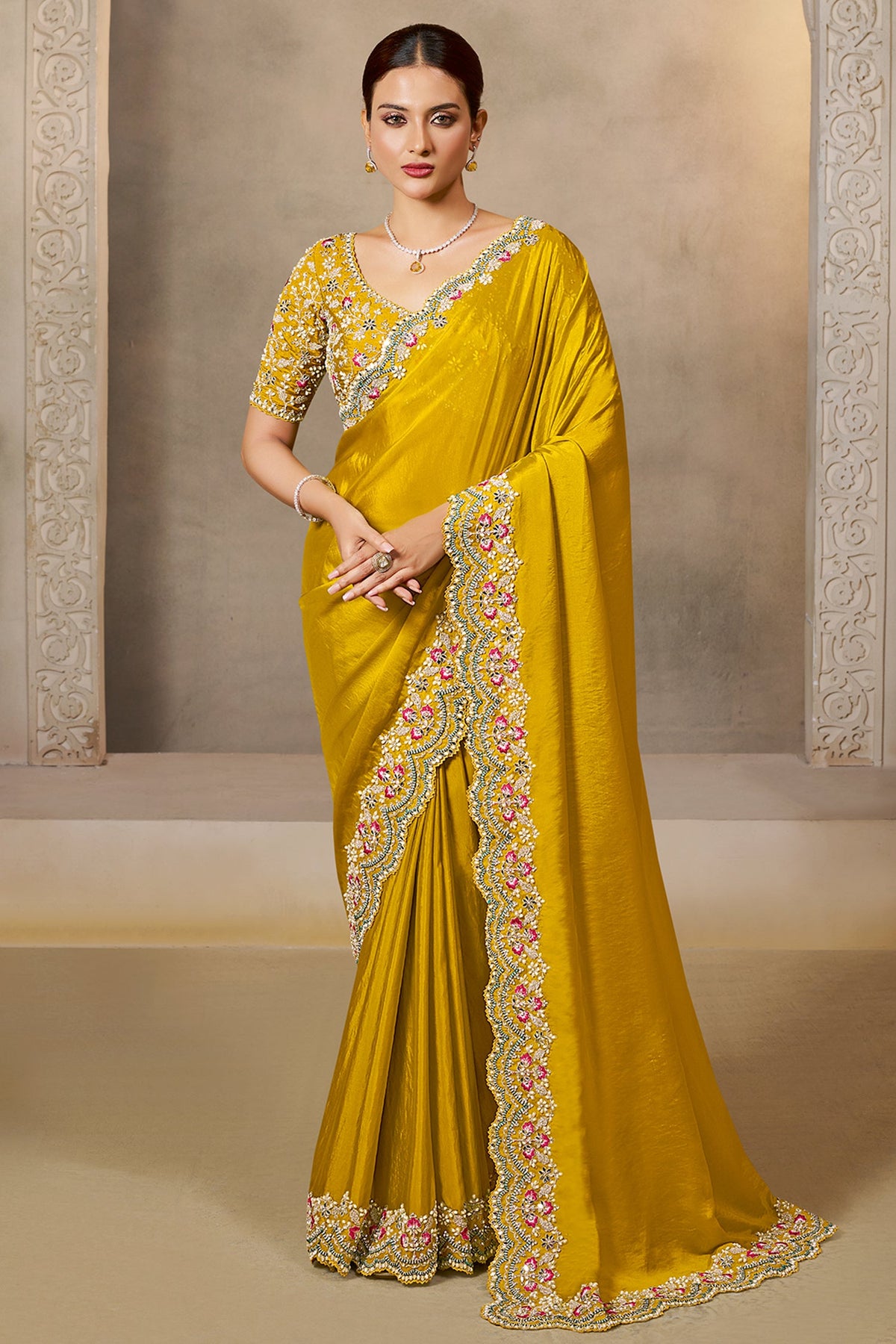 Yellow Satin Silk Saree with Sequin and Embroidered Border - red silk saree embroidered