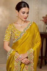 Yellow Satin Silk Saree with Sequin and Embroidered Border