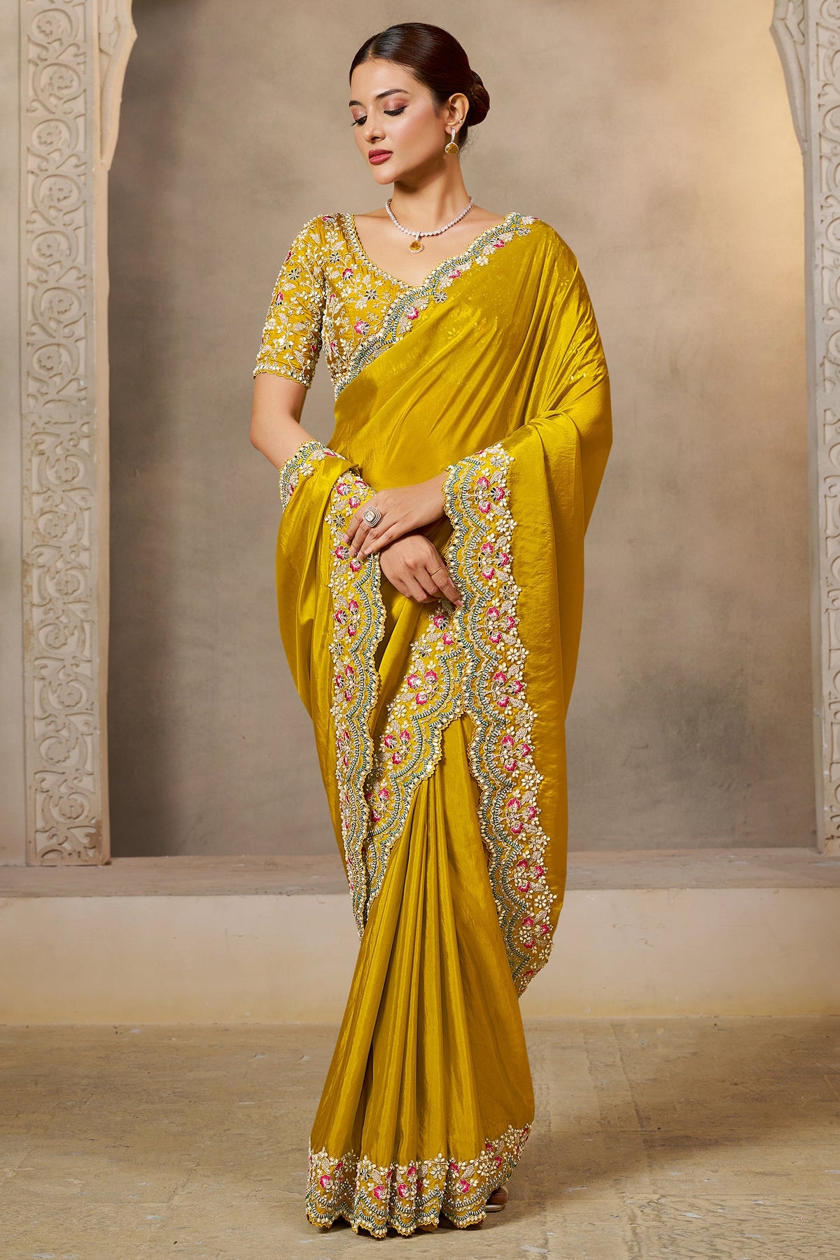 Yellow Satin Silk Saree with Sequin and Embroidered Border - red silk saree embroidered