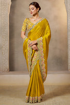 Yellow Satin Silk Saree with Sequin and Embroidered Border - red silk saree embroidered