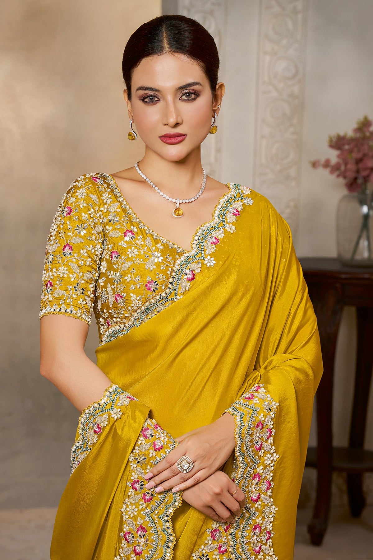 Yellow Satin Silk Saree with Sequin and Embroidered Border - red silk saree embroidered