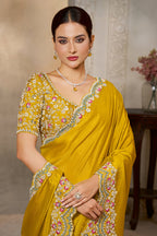 Yellow Satin Silk Saree with Sequin and Embroidered Border - red silk saree embroidered