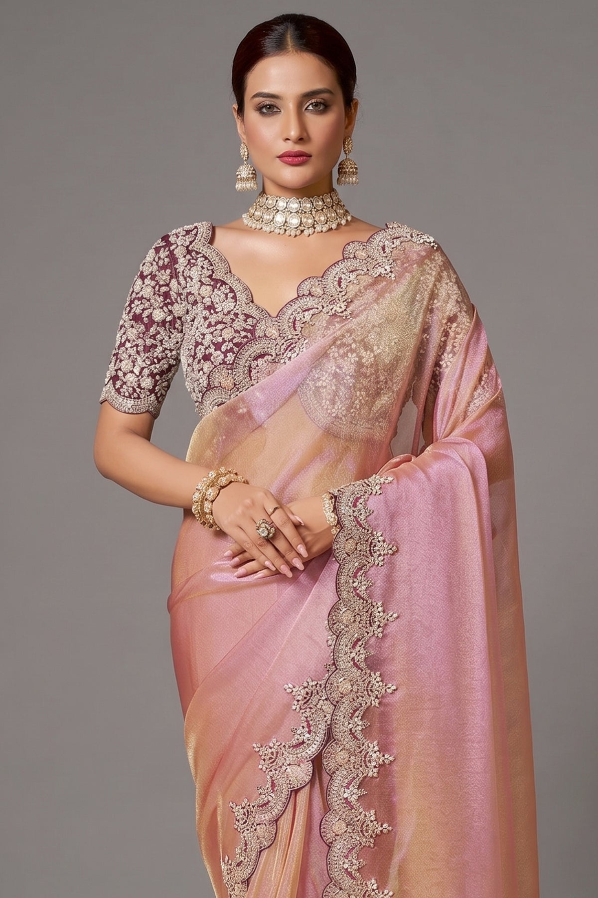 Pink and Peach Organza Saree with Sequin and Embroidered Border - red organza saree embroidered