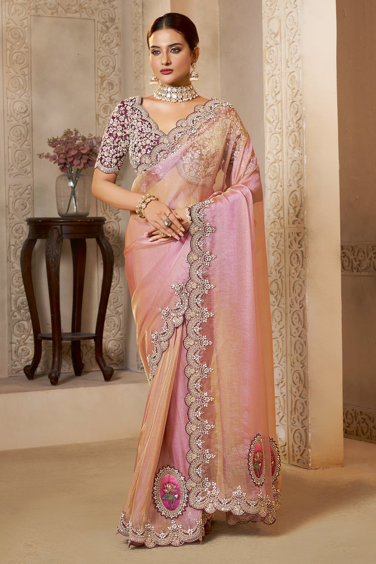 Pink and Peach Organza Saree with Sequin and Embroidered Border - red organza saree embroidered