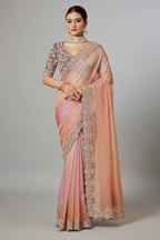 Pink and Peach Organza Saree with Sequin and Embroidered Border - red organza saree embroidered