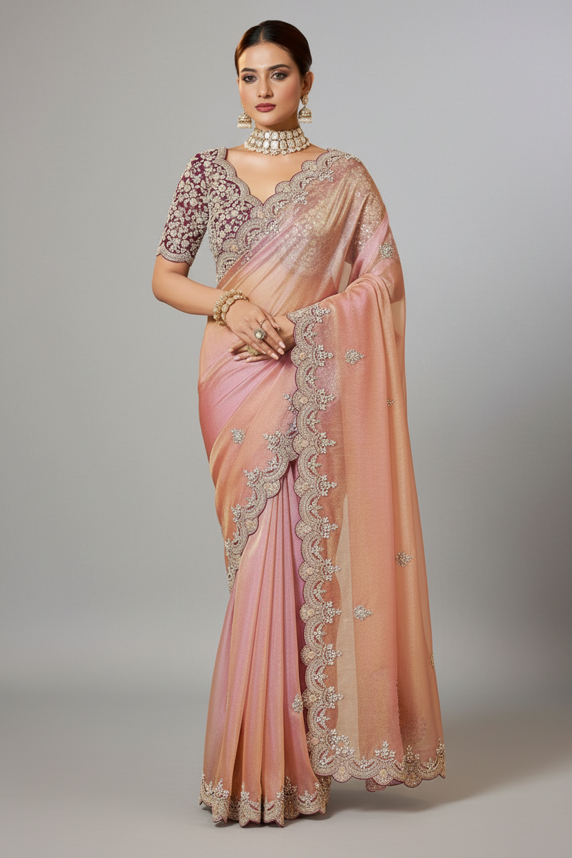 Pink and Peach Organza Saree with Sequin and Embroidered Border