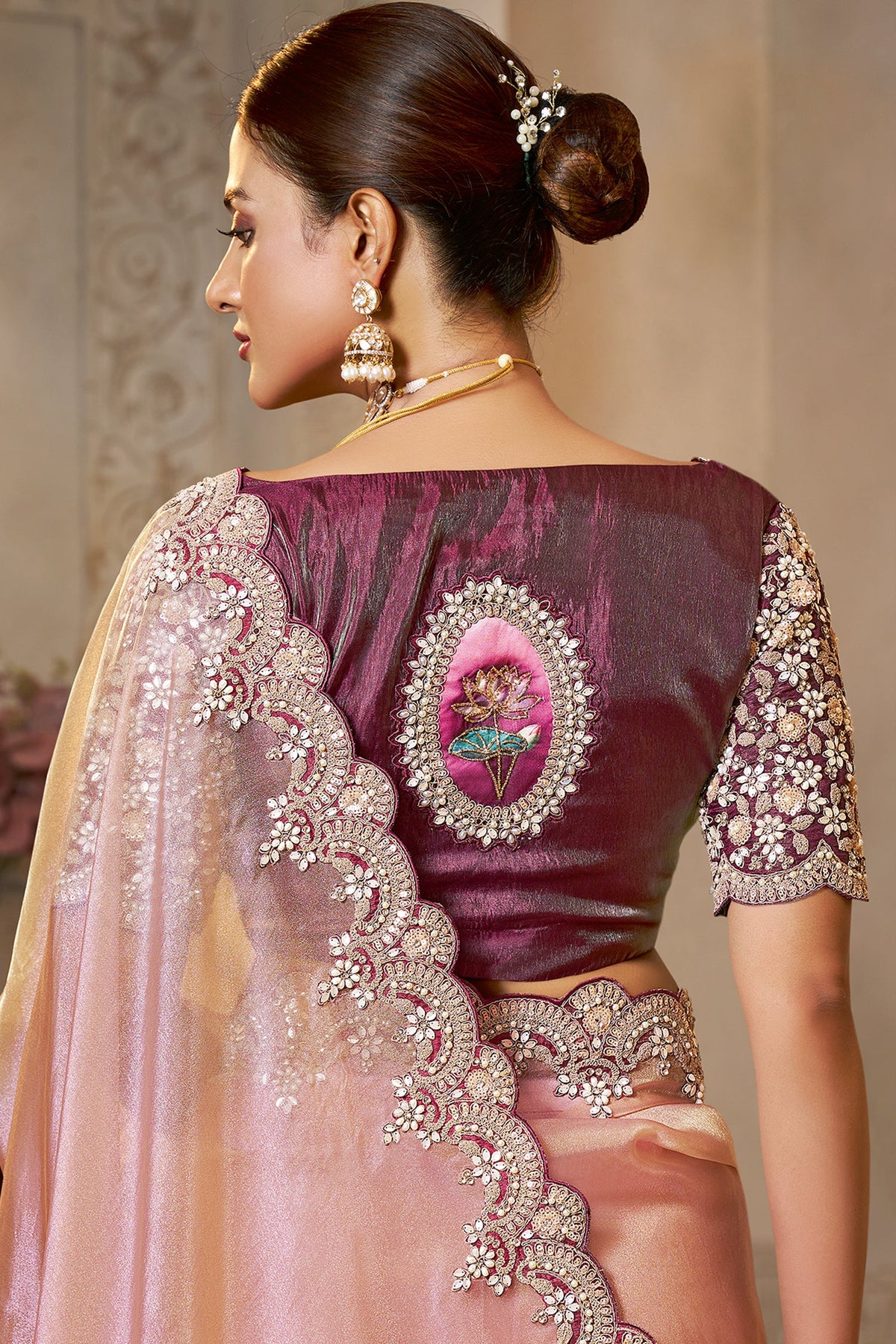 Pink and Peach Organza Saree with Sequin and Embroidered Border - red organza saree embroidered