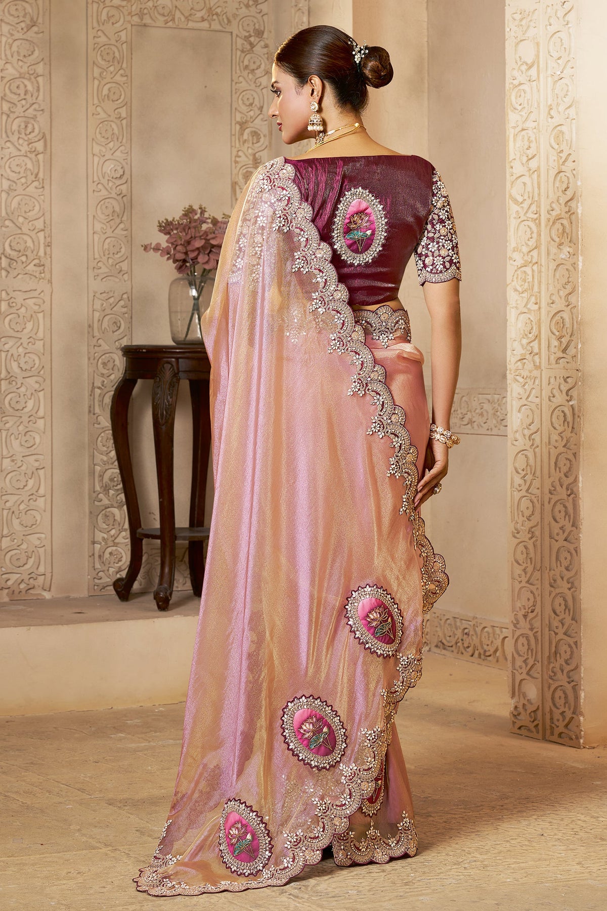 Pink and Peach Organza Saree with Sequin and Embroidered Border - red organza saree embroidered