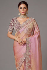 Pink and Peach Organza Saree with Sequin and Embroidered Border