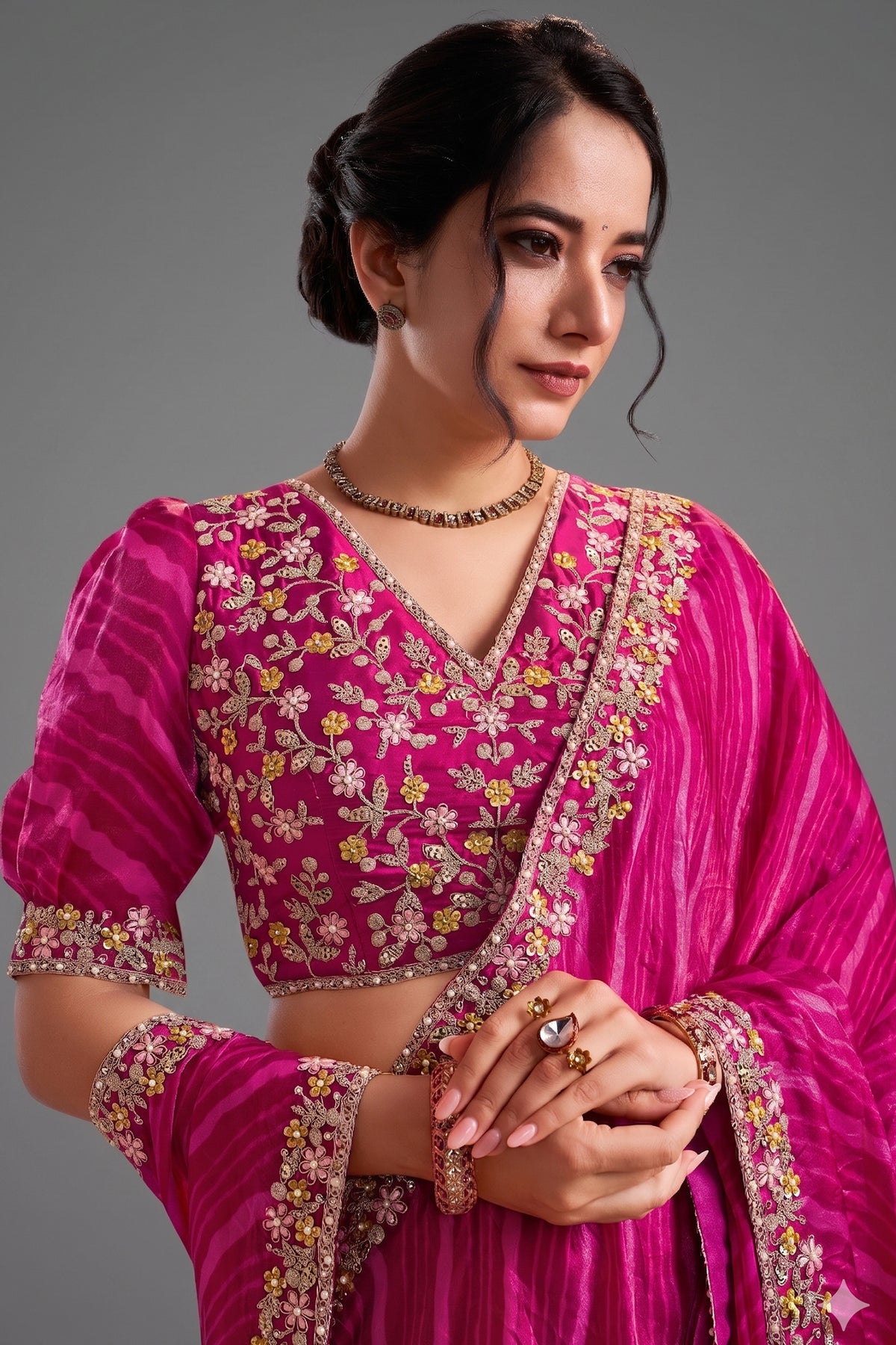 Pink Silk Leheriya Print Saree with Embroidered Border - red silk saree embroidered