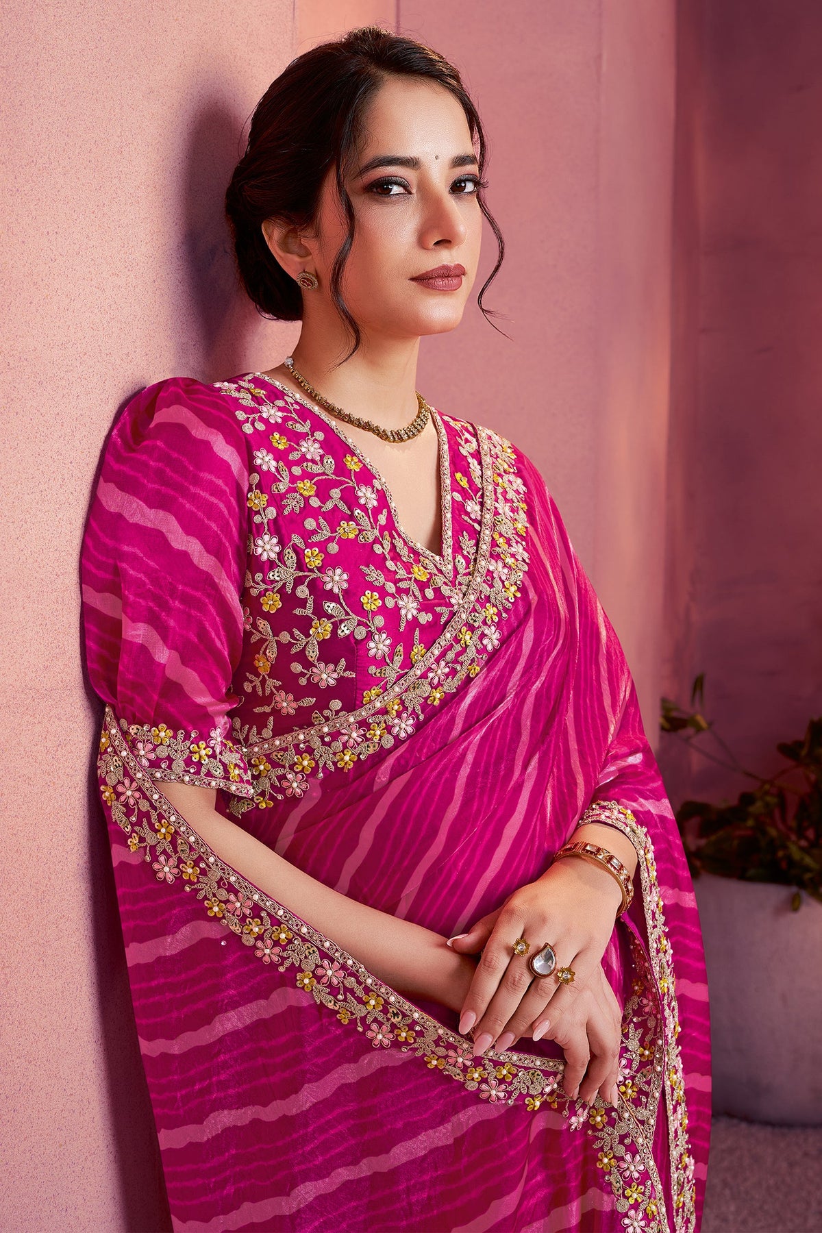 Pink Silk Leheriya Print Saree with Embroidered Border - red silk saree embroidered