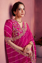 Pink Silk Leheriya Print Saree with Embroidered Border - red silk saree embroidered