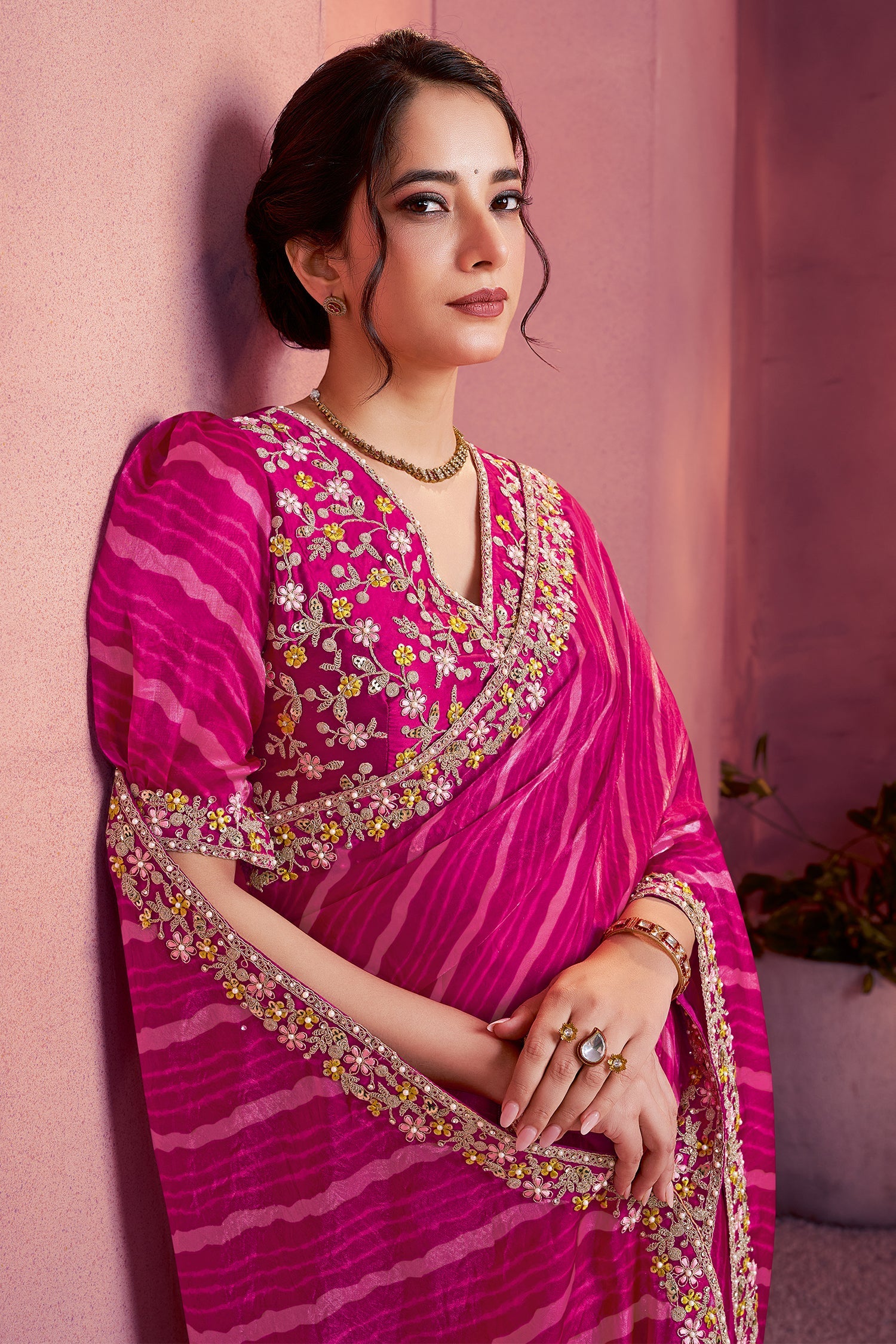 Pink Silk Leheriya Print Saree with Embroidered Border - red silk saree embroidered