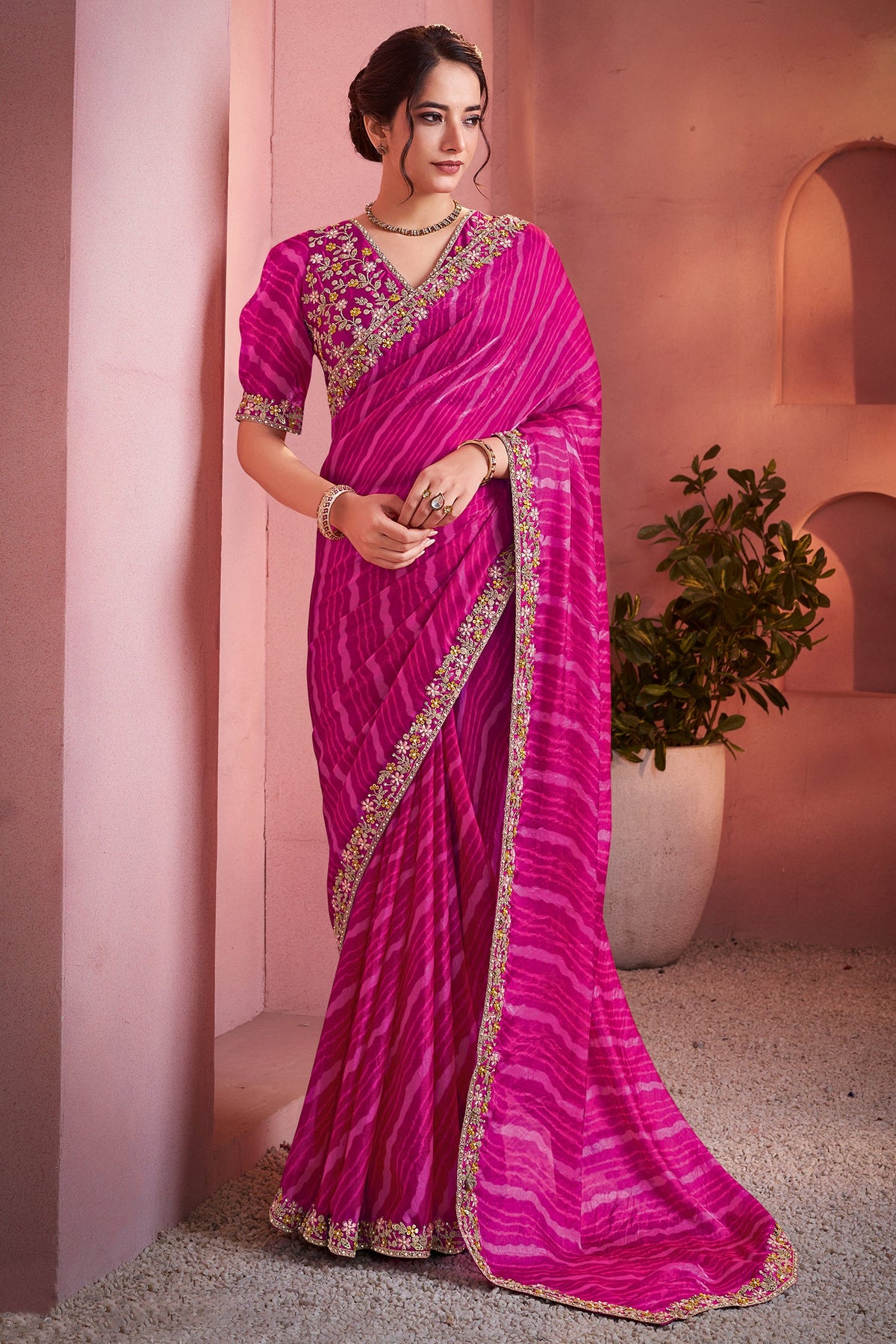 Pink Silk Leheriya Print Saree with Embroidered Border - red silk saree embroidered