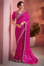 Pink Silk Leheriya Print Saree with Embroidered Border - red silk saree embroidered