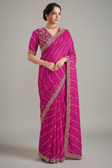 Pink Silk Leheriya Print Saree with Embroidered Border