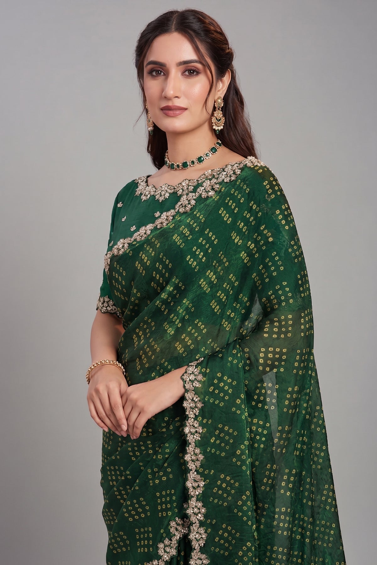 Dark Green Satin Bandhej Print Saree with Embroidered Border - red satin saree bandhej