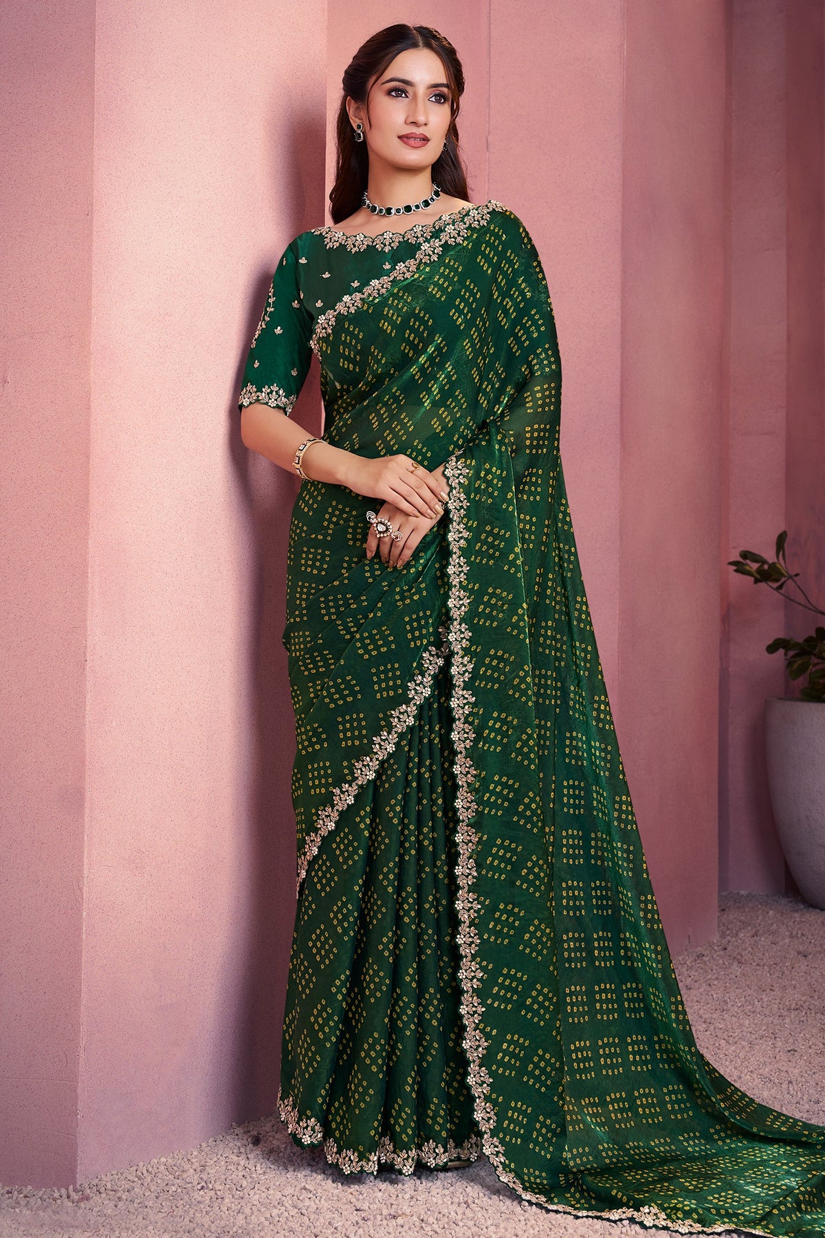 Dark Green Satin Bandhej Print Saree with Embroidered Border - red satin saree bandhej