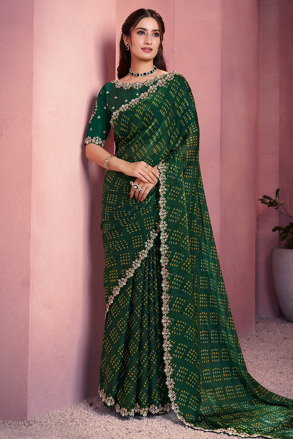 Dark Green Satin Bandhej Print Saree with Embroidered Border - red satin saree bandhej