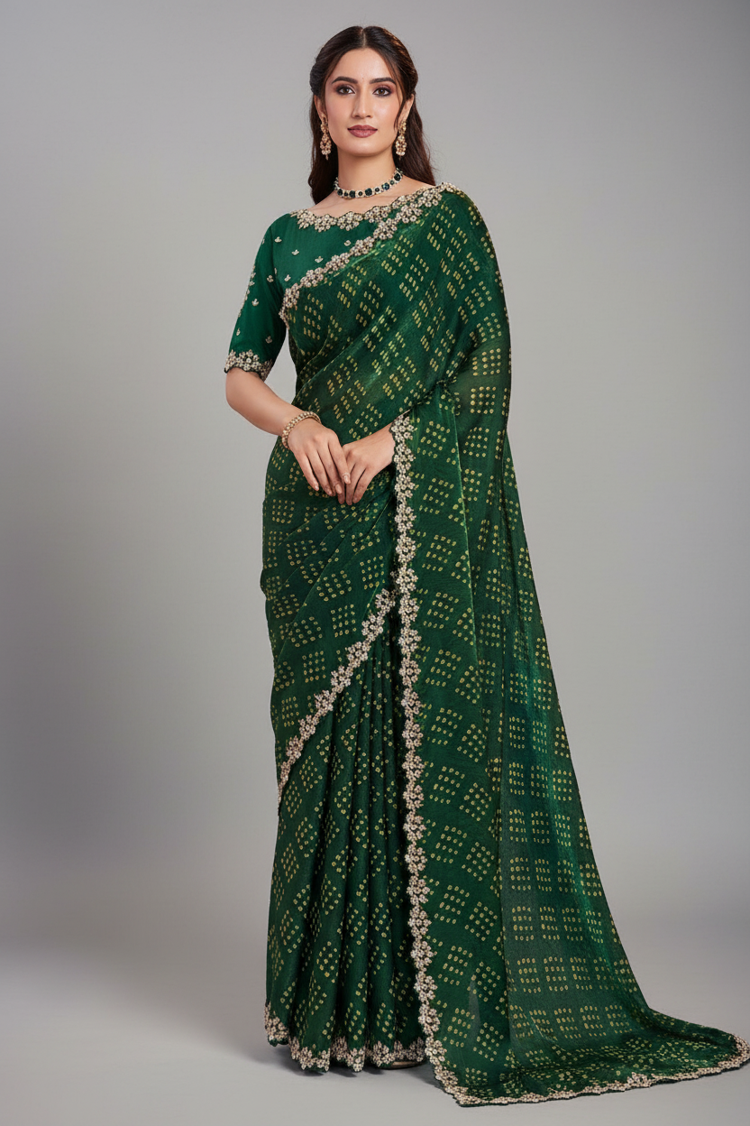 Dark Green Satin Bandhej Print Saree with Embroidered Border - red satin saree bandhej