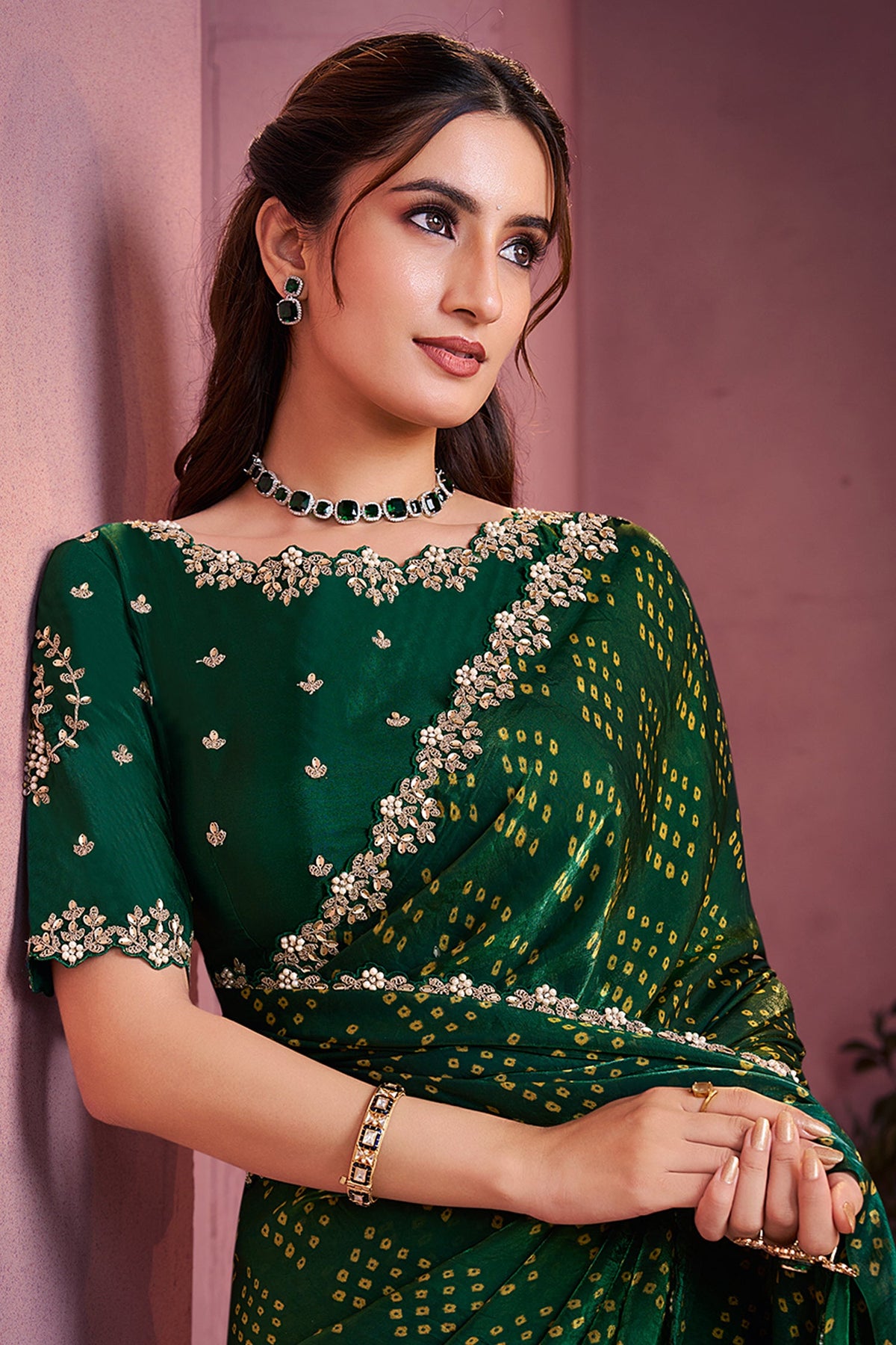 Dark Green Satin Bandhej Print Saree with Embroidered Border - red satin saree bandhej